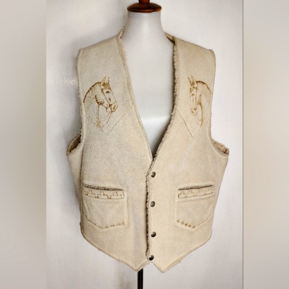 VINTAGE WESTERN FAUX SHEARLING HORSE VEST - Picture 1 of 7